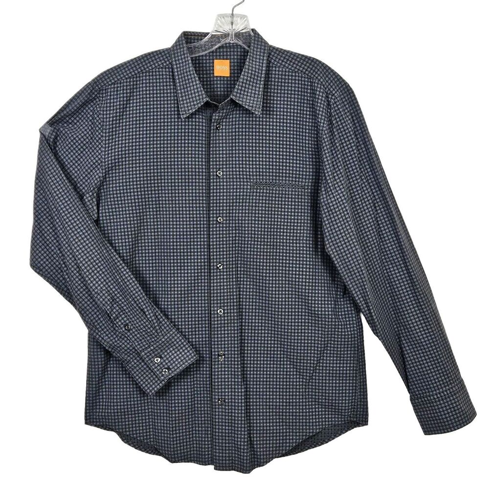 BOSS Hugo Boss Shirt Mens XL Button Up Casual Slim Blue Gray Cotton Classic